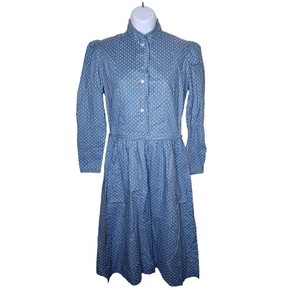 Vintage 80s Lanz High Neck Prairie Dress Womens Size M Blue Floral Modest Cottag